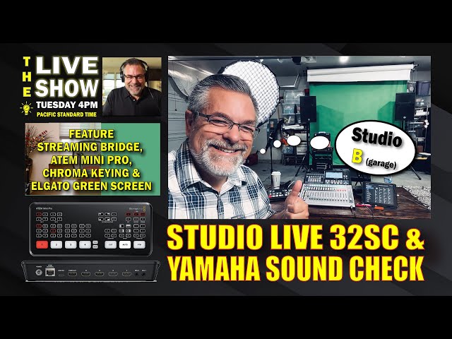 Studio Live 32SC Mixer and Yamaha Speakers plus Streaming Bridge/Atem Mini Pro
