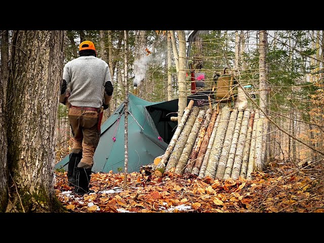 Semi Permanent Winter Camp, 2 NIGHT CAMPOUT, Major Camp Improvements, Wild Game On Woodstove.