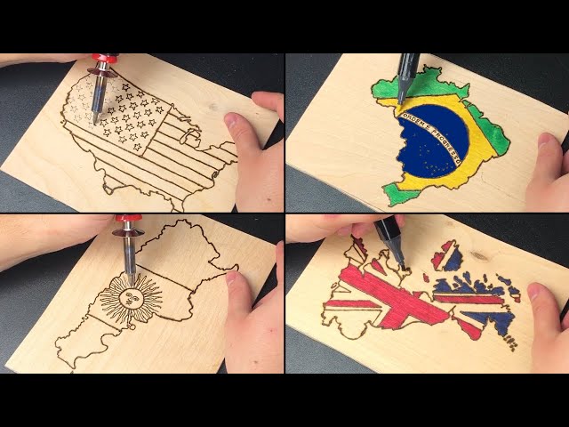 National Flag Map Wood Burning Art - USA, Brazil, United Kingdom, Argentina