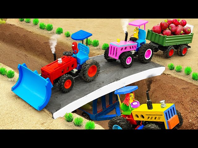 Diy tractor making mini Bulldozer Harvesting Farm | diy mini Concrete Bridge Construction | HP Mini