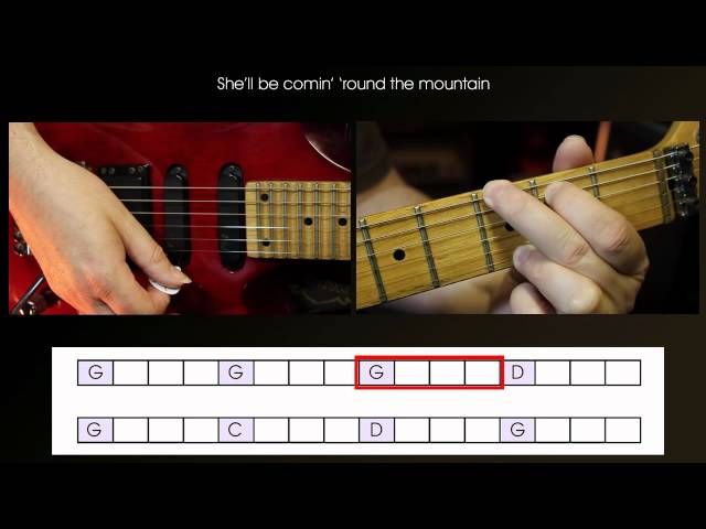 Guitar lesson. Play your first chord tunes, She'll be comin' 'round the mountain & Hey Jude