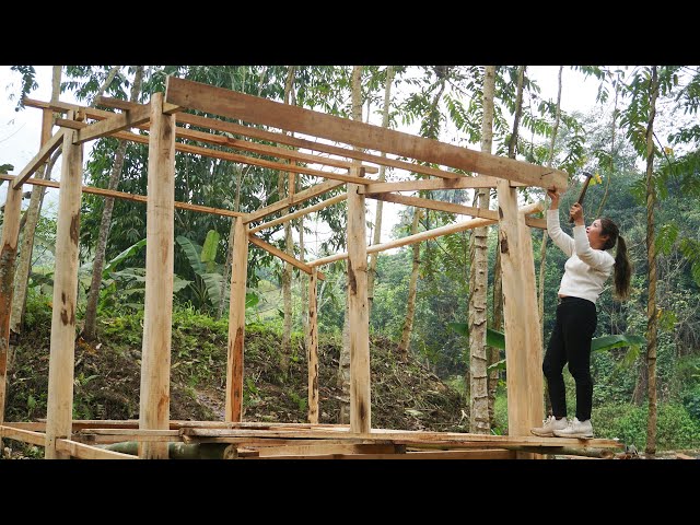 The girl started building a wooden house (build log cabin) to live alone with nature