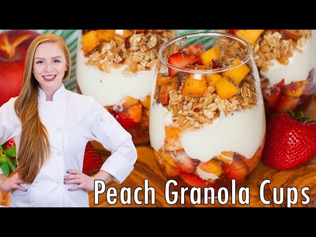 EASY Peach Granola Cups with Yogurt, Strawberries & Diced Peaches! With Honey!!