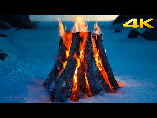🔥Winter Bonfire: Embracing Warmth Amidst Snowy Peaks ❄️🔥 Campfire with Crackling Fireplace Sounds 4K