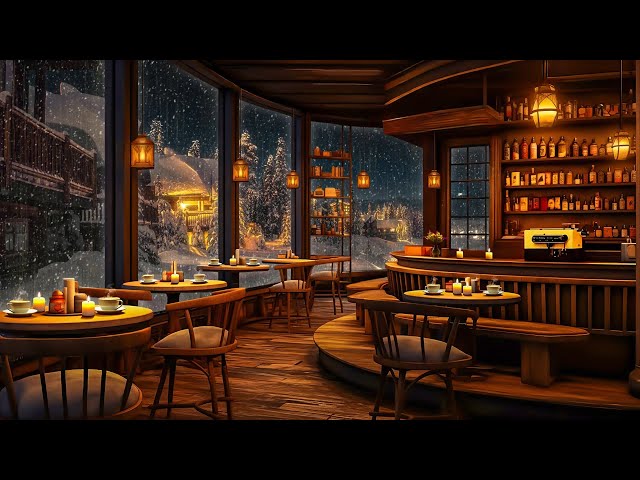 Smooth Winter Jazz Music in Cozy Coffee Shop Ambience with Snowfall for Relaxing, Work, Focus