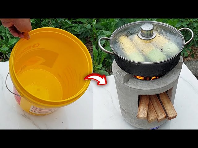 Use cement and paint buckets to create a great wood stove