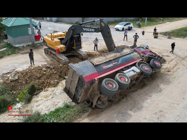 Incredible Dumper Truck Trago Accident In Canal Heavy Helping Volvo Excavator Vs Dongfeng Truck