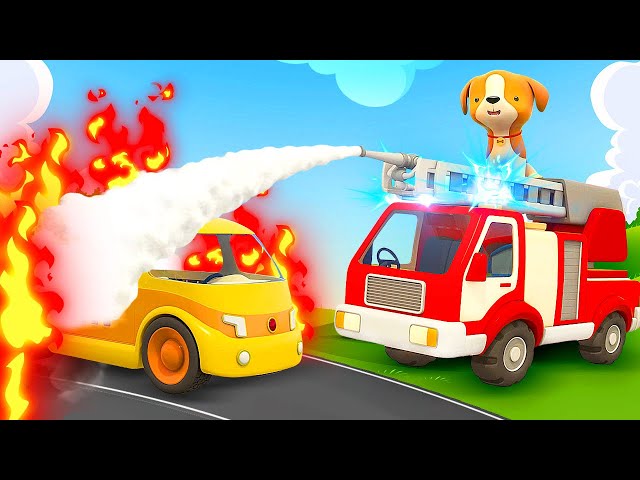 Helper Cars & the broken yellow car. The fire truck saves the day. Learn animals & cartoons for kids