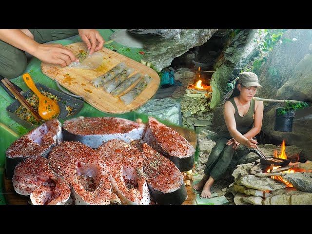 7 Days Solo Bushcraft - Shelter Under a Rock Cave, Rock Stove, Fish and Cook, Stay Overnight...etc