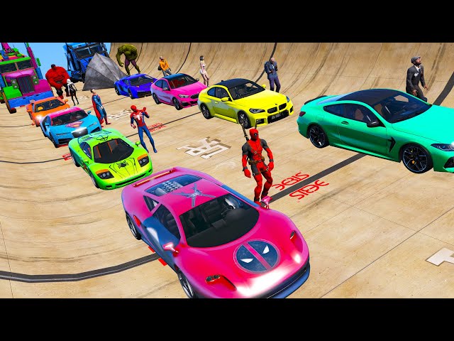 Old school cars onegamesplus on Ramp Red Hulk Spiderman Deadpool car Superheroes vs GTA 5 characters