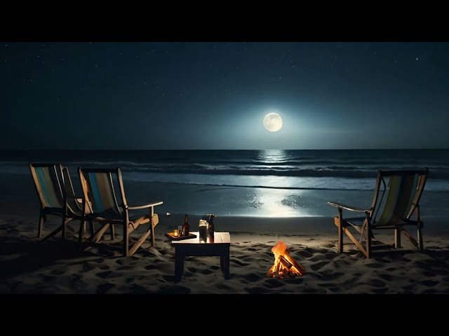 Moonlit Beach Escape 8 Hour 4K Relaxation with Ocean Waves & Cozy Campfire