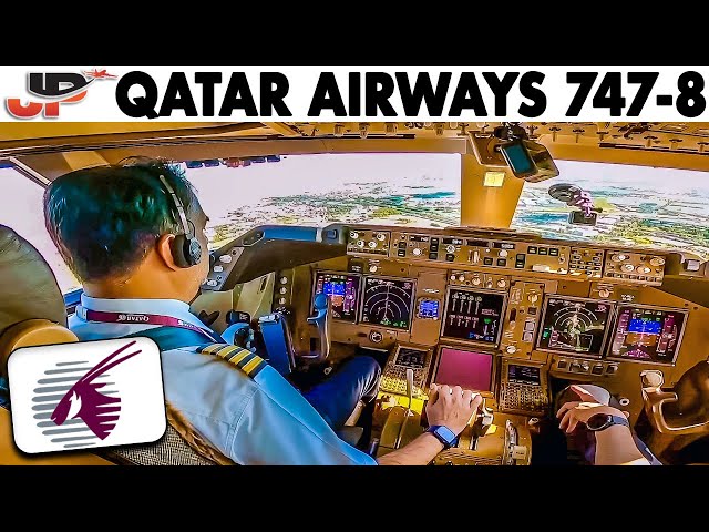 Qatar Airways Boeing 747-8 Cockpit Landing at Paris CDG