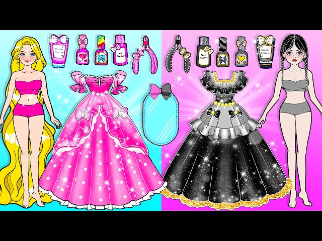 [🐾paper Diy🐾] Black Wednesday Addams VS Pink Rapunzel Nail Makeover | Rapunzel Compilation 놀이 종이