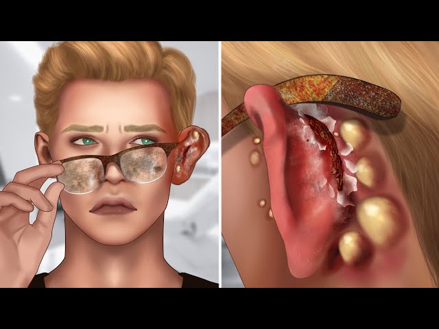 ASMR Popping pustules behind the pinna due to dirty glasses | Earwax animation