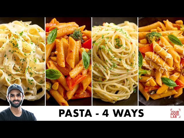 10 Minute Pasta Recipes - 4 Ways | Red Sauce, Mix Sauce, Aglio e Olio, White Sauce | Sanjyot Keer