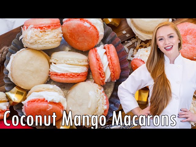 The BEST Coconut Mango French Macarons Recipe!! With Mango Puree Filling!