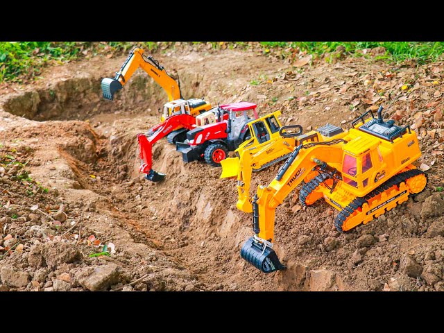 รถก่อสร้างขุดตักดิน สร้างคลองน้ำ ใส่ท่อน้ำ ทำสระน้ำ - Excavator and truck toys