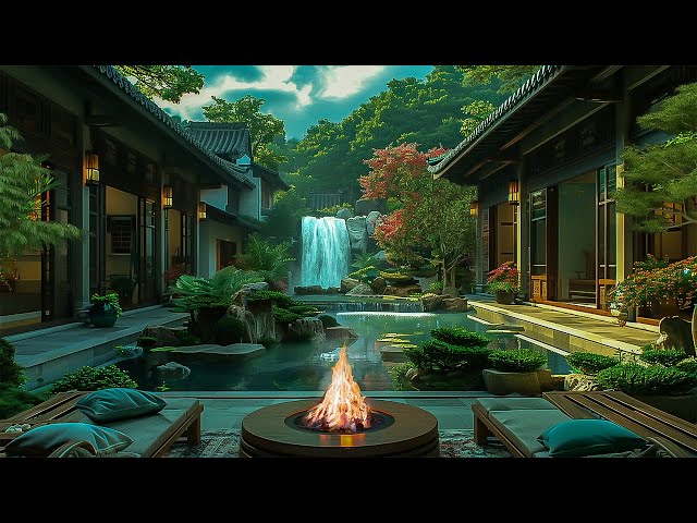 Meditation Zen Garden Ambience | Relaxing with Campfire and Waterfall Sound, Bird Singing