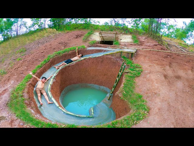 100 Days To Build Warm Underground Swimming Pool With Water Slide Around The Underground House