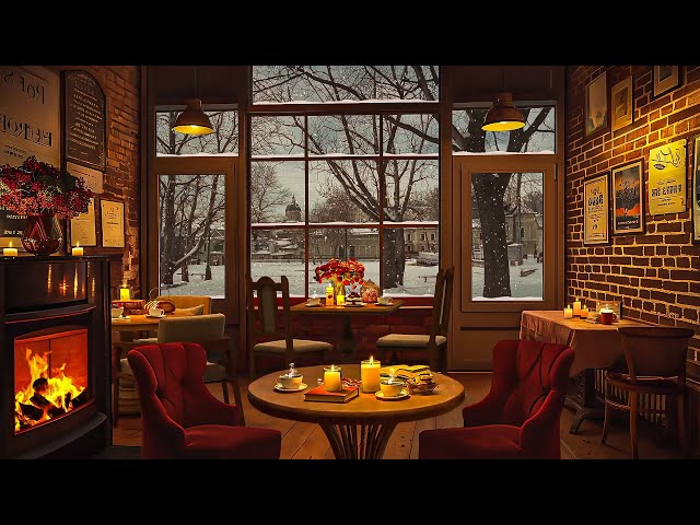 Smooth Jazz Background Music in Cozy Coffee Shop Ambience with Crackling Fireplace for Relax, Study