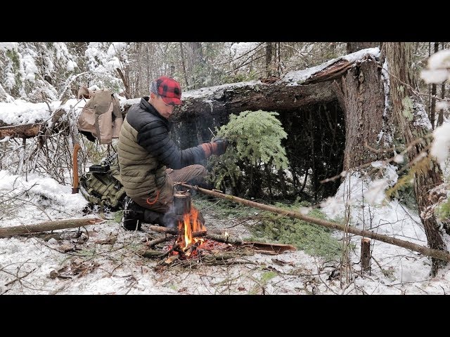 SOLO BUSHCRAFT CAMP  4 Items Only -Natural Shelter- Wild Game Over the Fire