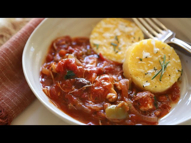 Slow Cooker Chicken Cacciatore with Polenta Cakes
