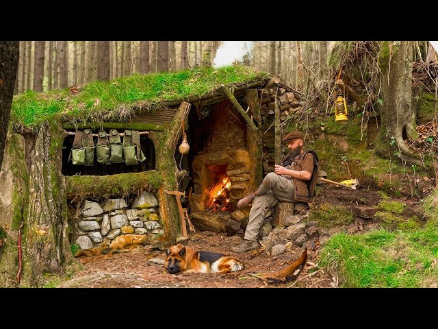 Building a Primitive Bushcraft Shelter: Camping, Outdoor FIREPLACE Cooking, Nature Sounds ASMR