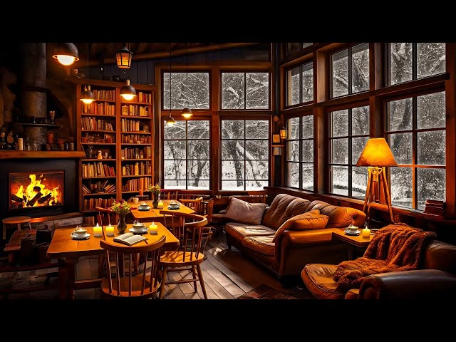 Winter Bookstore Cafe Ambience ☕ Relaxing Jazz Background Music & Crackling Fireplace to Work, Focus