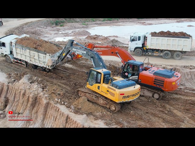 Powerful Excavator Bulldozer Dump Truck Extreme Heavy Helping Getting Out Stuck