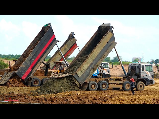 Awesome Operating Job Concurrent Bulldozer Truck Dumper Loading Spread Dirt Pushing