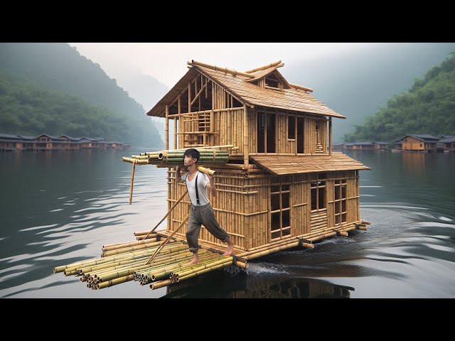 Young Man Builds Roof Of Floating House With Bamboos#countrylife #handmade #houseboat