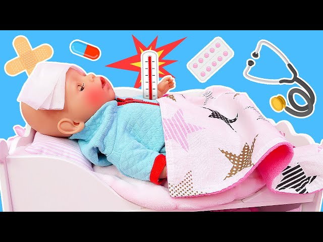 Baby Born Doll is ill. Kids pretend to play doctor for baby dolls. Baby doll video for kids.