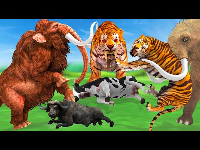 10 Giant Tiger vs 10 Giant Buffalo vs 10 Cow Cartoon Mini Cow Saved By Woolly Mammoth Elephant Tiger