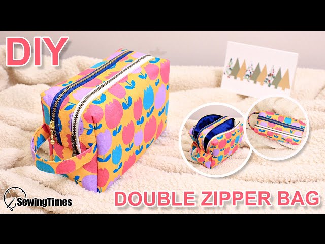 DIY DOUBLE ZIPPER POUCH BAG | TWO Zipper Box Pouch Tutorial [sewingtimes]