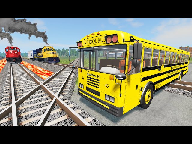 Flatbed Trailer Monster Truck vs Train - Cars vs Speed Bumps - BeamNG.Drive