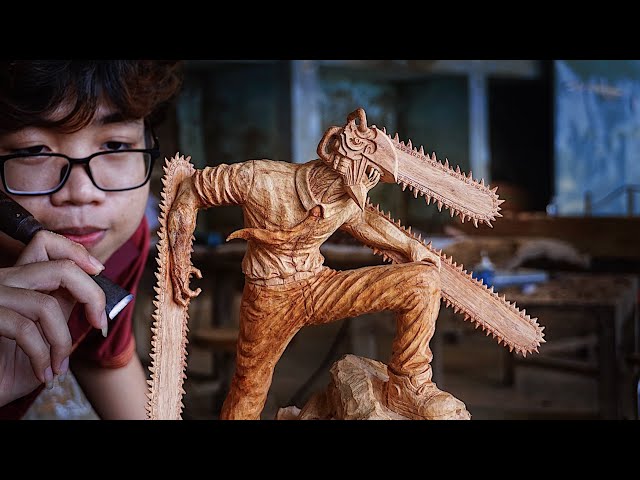 How to Carve Chainsaw Man - DENJI from a piece of Wood  [ チェンソーマン ]  - 10 Days Making | Woodworking