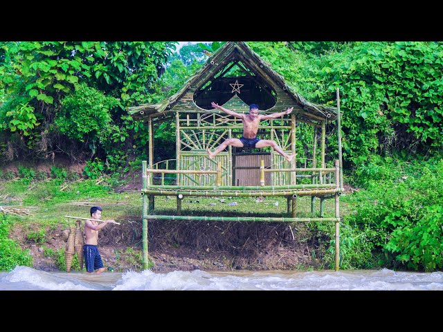Build Bamboo House On Fierce Waterfall To Catch Fish To Survival