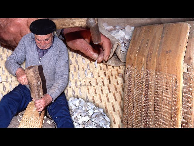 Threshing with 1000 flint stones. Agricultural implement to separate wheat from chaff