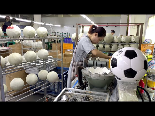 The mass production process of a $28 hot-glued soccer ball and an $8 stitched soccer ball