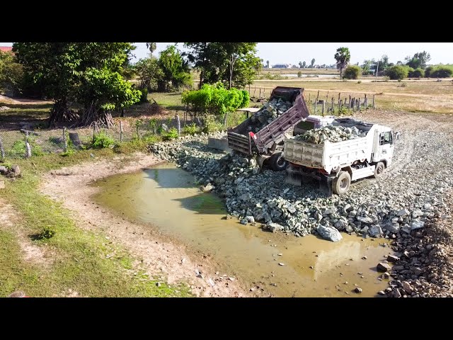 Only 5% left to Complete this Project!! Dump Truck Unloading Stone into Pond With MITSUBISHI Dozer