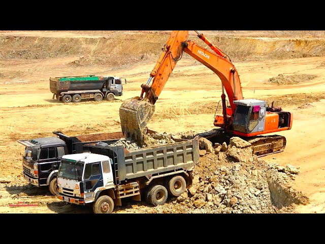 Interesting Operating Excavator Equipment Removing Dirt Loading On Trucks