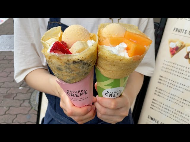 Japanese Street Food - Strawberry Chocolate Ice cream and Melon Crepes