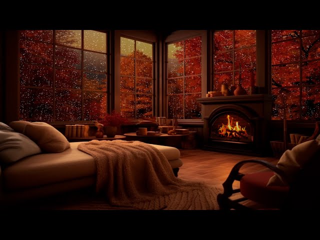 Autumn Rain and Crackling Fireplace in a Cozy Cabin next to the Forest | White Noise
