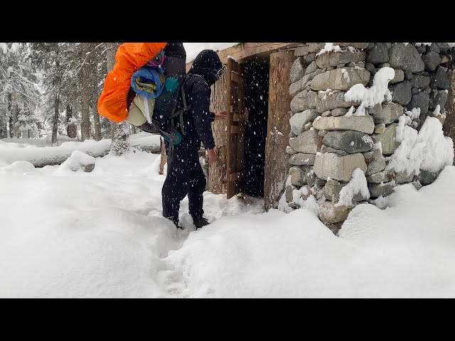 Building a stone and wood survival shelter in the woods when a snowstorm hit out of nowhere
