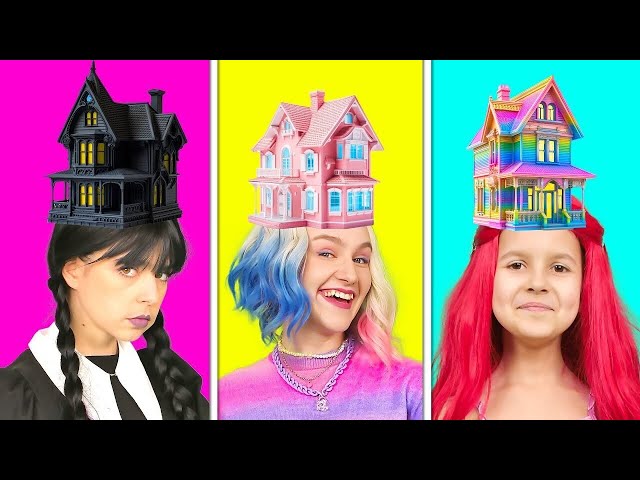 Wednesday vs Enid vs Mermaid - One Colored House Challenge! Funny Relatable Situations