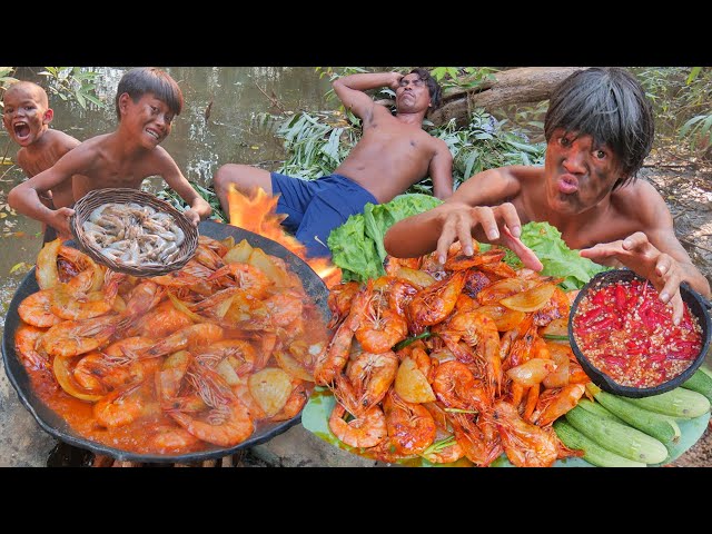 Primitive Technology - coocking Shirimp for food deLicious Eating #000199