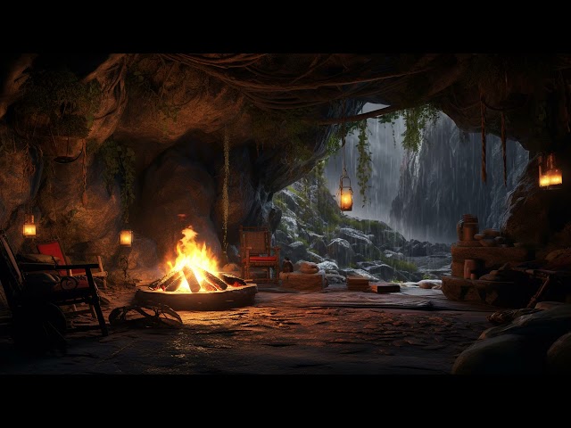 Sleep Quickly in a Cozy Cave with Rain Sounds & Crackling Fire - ASMR Rain Sounds to Sleep, Study