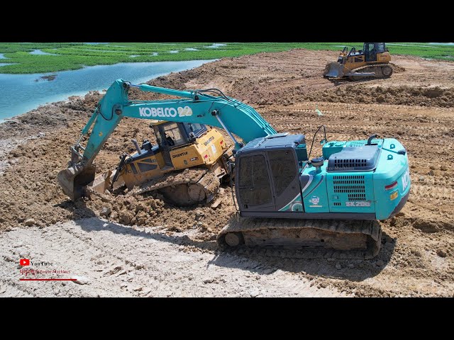 Incredible Bulldozer Getting Stuck Heavy Pulling Out With Kobelco Excavator Sk200