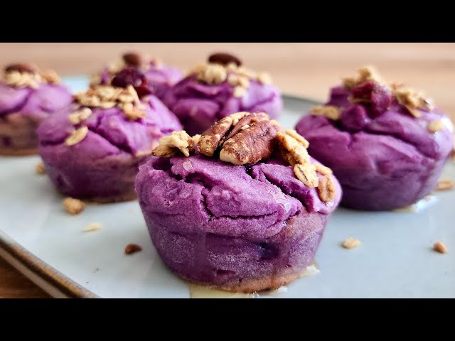 Chewy & Fluffy Purple Sweet Potato Bites | Baked Rice Cake in a Muffin Tin