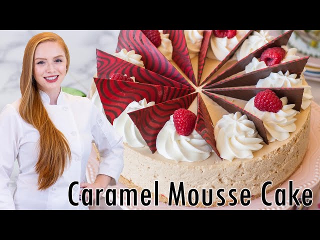 STUNNING Raspberry Caramel Mousse Cake - With Raspberry Gelee & Chocolate Garnishes!